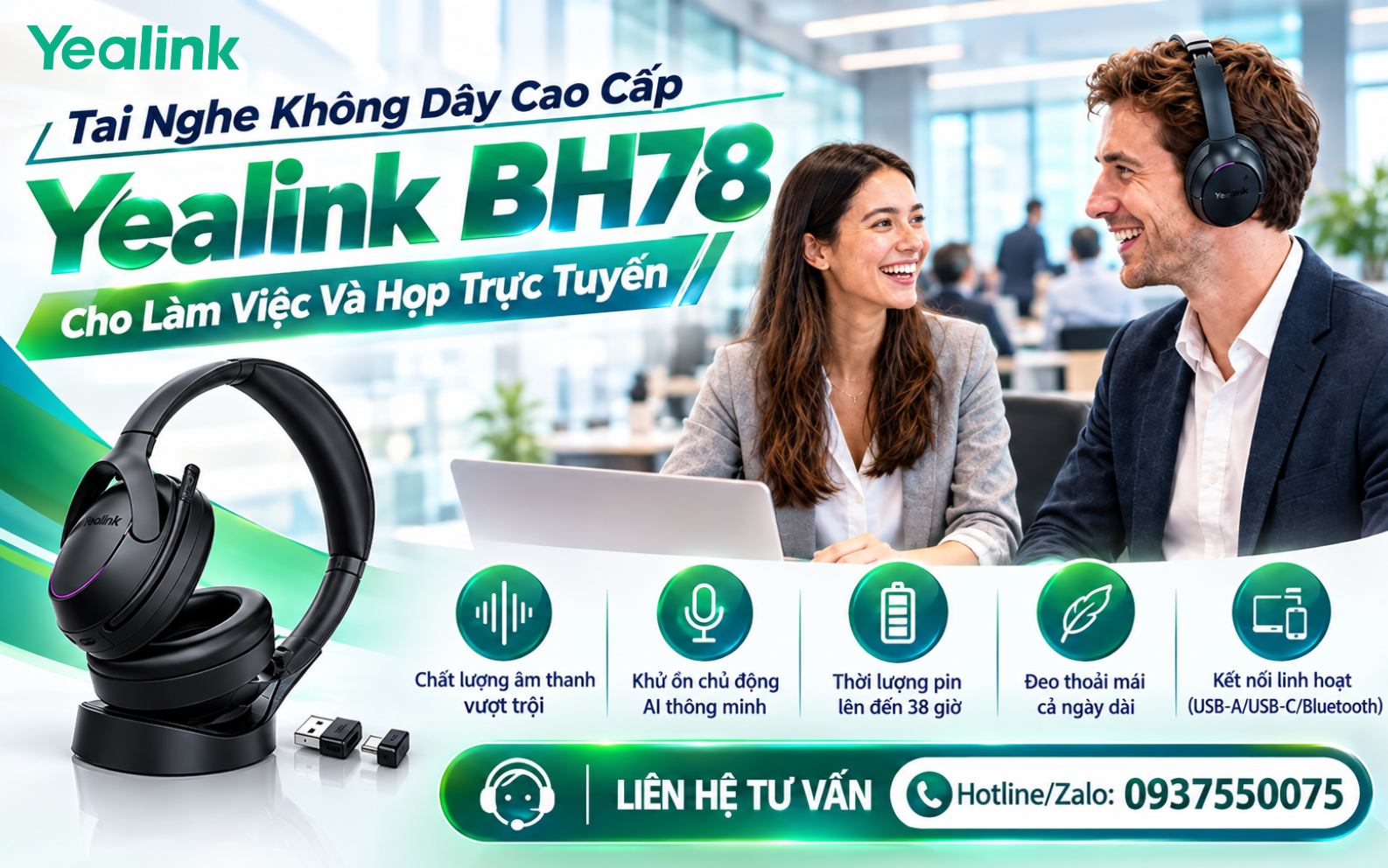 Tai Nghe Không Dây Cao Cấp Yealink BH78 Cho Làm Việc Và Họp Trực Tuyến